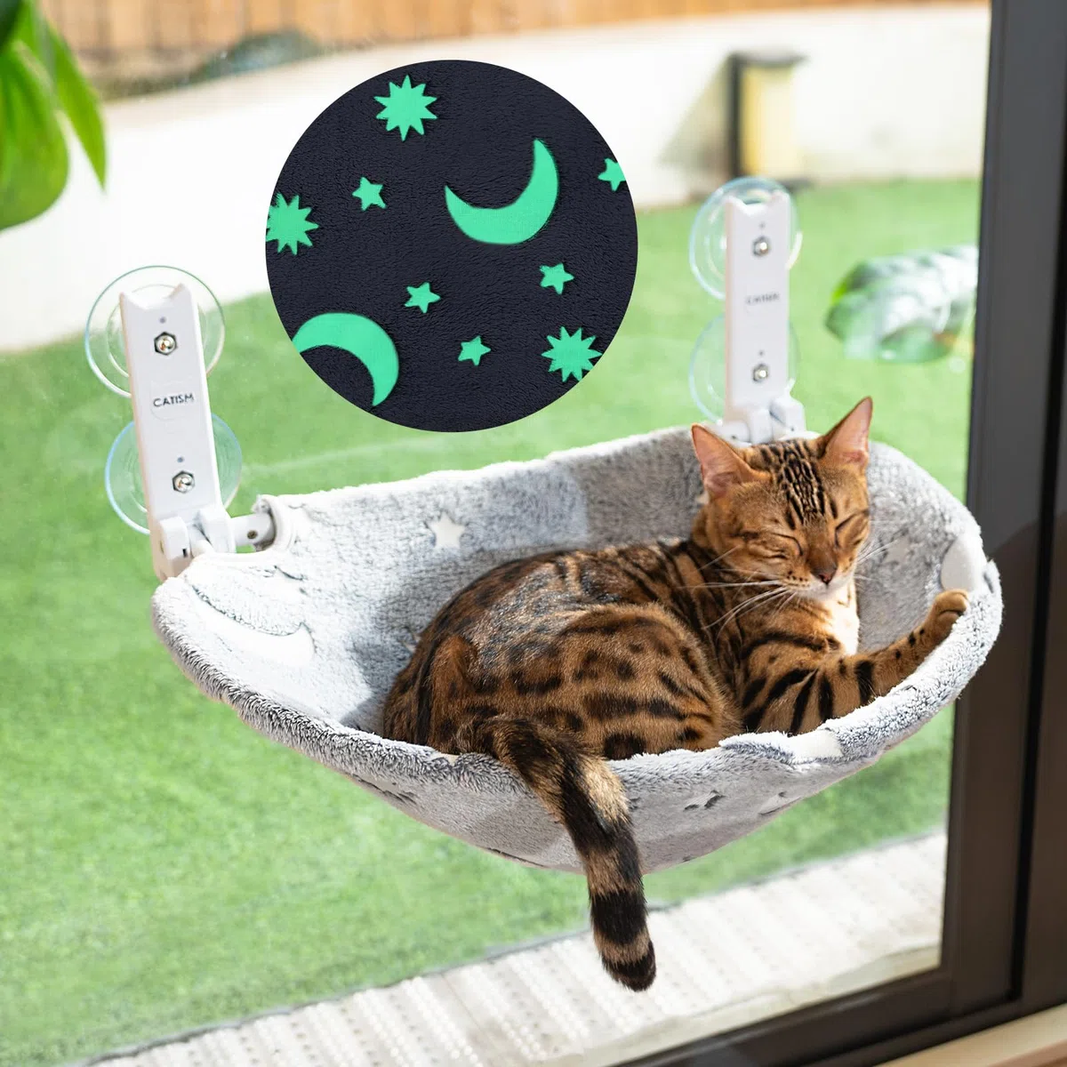 CATISM Plegable Hamaca Gato Ventana con Luminosa Estrellas y Luna, Camas para Ventanas con Ventosa Fuerte, Asiento Ventana Tumbona para Gatos, Tela Lavable, Cama Gato Ventana (50 x 36.5 cm)