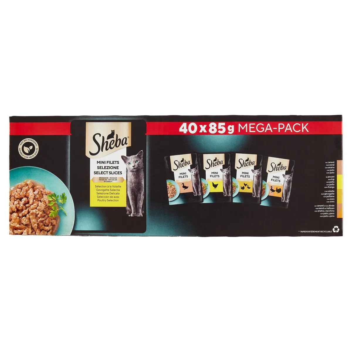 Sheba Mini filetes – Bolsas de frescura en Salsa, selección de Aves de Corral para Gatos Adultos – 40 x 85 g