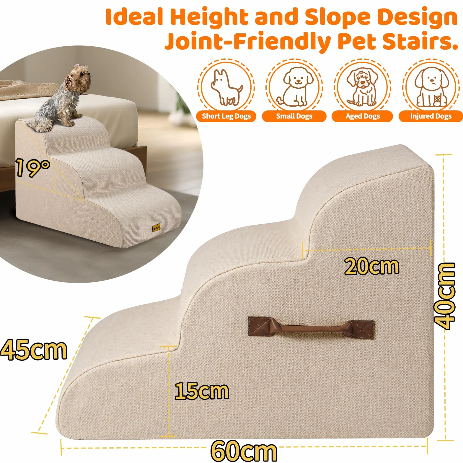 Gimars Escaleras de Espuma 30D de Alta Densidad y Extra Anchas, estables de 3 peldaños para Perros, escaleras para Mascotas de 40 cm de Alto con Cubierta Lavable y Base Antideslizante, rampa portátil