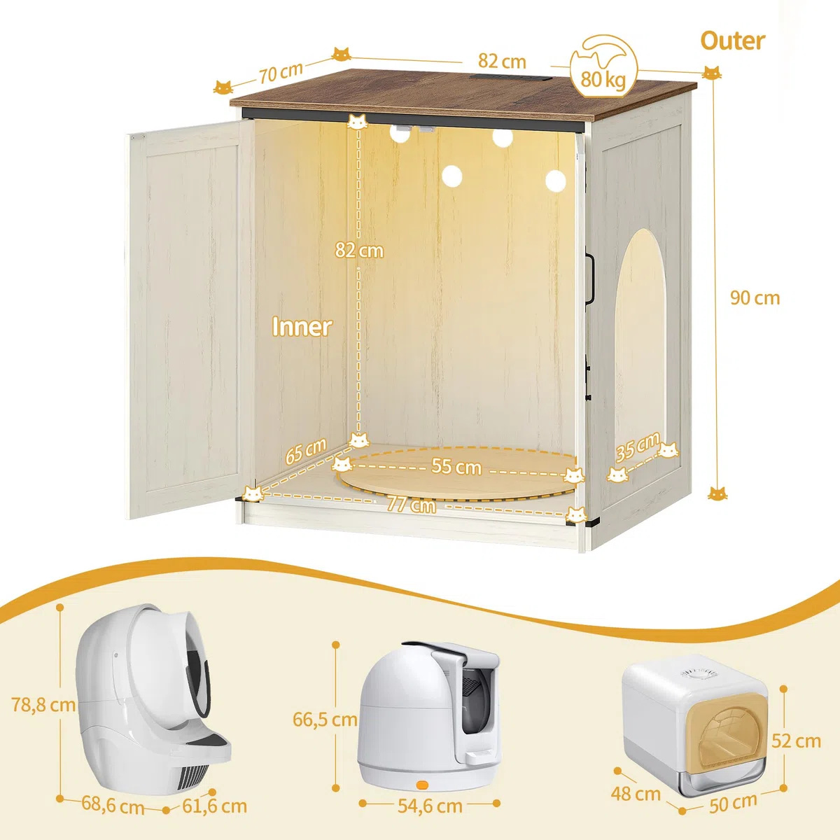 Hzuaneri Mueble Arenero Gato Grande, Caseta Madera Escondite Arenero para Arenero Autolimpiante con Plataforma Giratoria y Estación de Carga, con Cerradura, 82x70x90cm, Marrón Vintage y Blanco