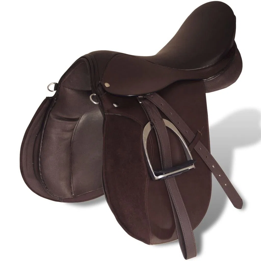 Tidyard Set de Montura de Caballo 5 en 1 de Cuero 100% 17.5 Inch, Cuña de 12 cm Marrón