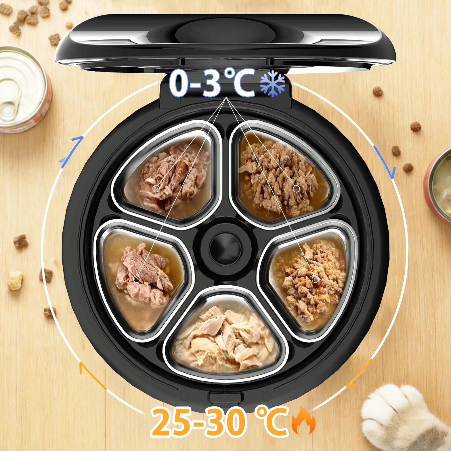 Cayboxy - Comedero automático para gatos con control de alimentos húmedos, dos en uno, refrigerado automático para gatos con refrigeración semiconductora, 5 comidas frescas, controlado por aplicación