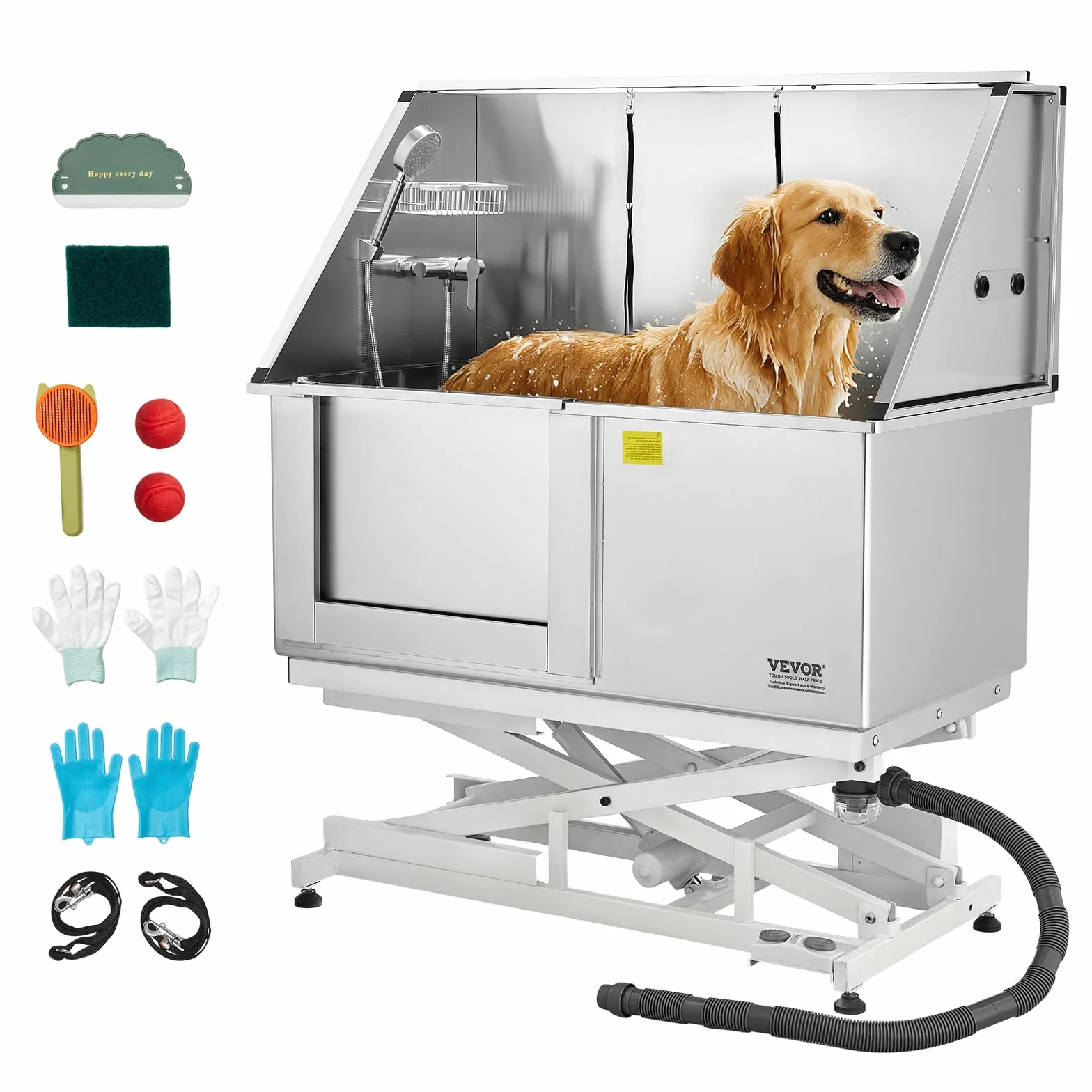 VEVOR Estación de Lavado de Perros con Elevación Eléctrica, Bañera de Acero Inoxidable 127cm con Filtro de Agua de Polietileno, Grifo y Cabezal de Ducha, Fregadero para Mascotas, Puerta Izquierda