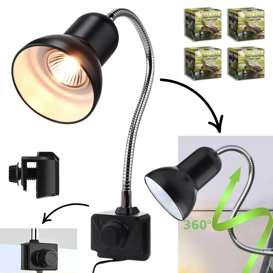 Tonia Kit de 4 Bombillas UVA/UVB + Portalámparas para Reptiles – 2x25W + 2x50W – Luz Solar de Espectro Completo para Terrarios y Acuarios Tortugas, Camaleones – 360º