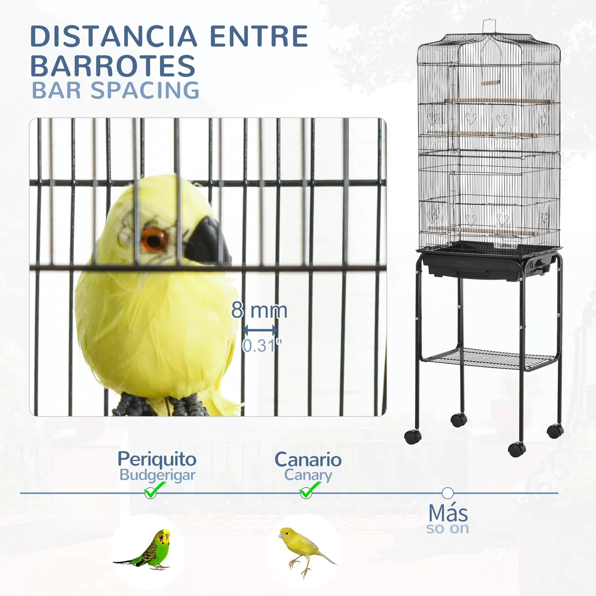 PawHut Jaula para Pájaros, Jaula Grande con Ruedas, Estante de Almacenaje, Puertas, 4 Comederos, 3 Perchas, Columpio, Bandeja Extraíble y Asa, para Loro, Canario, Periquito, 46,5x36x157 cm, Negro