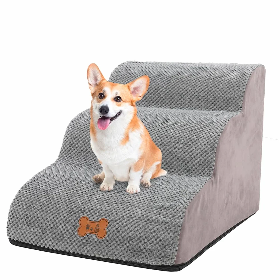 Escalera Perros Pequeños 3 Peldaños, Rampa para Mascotas de Espuma de Alta Densidad, Escalera Antideslizante para Ccachorros, Escalera para Perros para Subir a la Cama Extraíble y Lavable, 57x40x40cm
