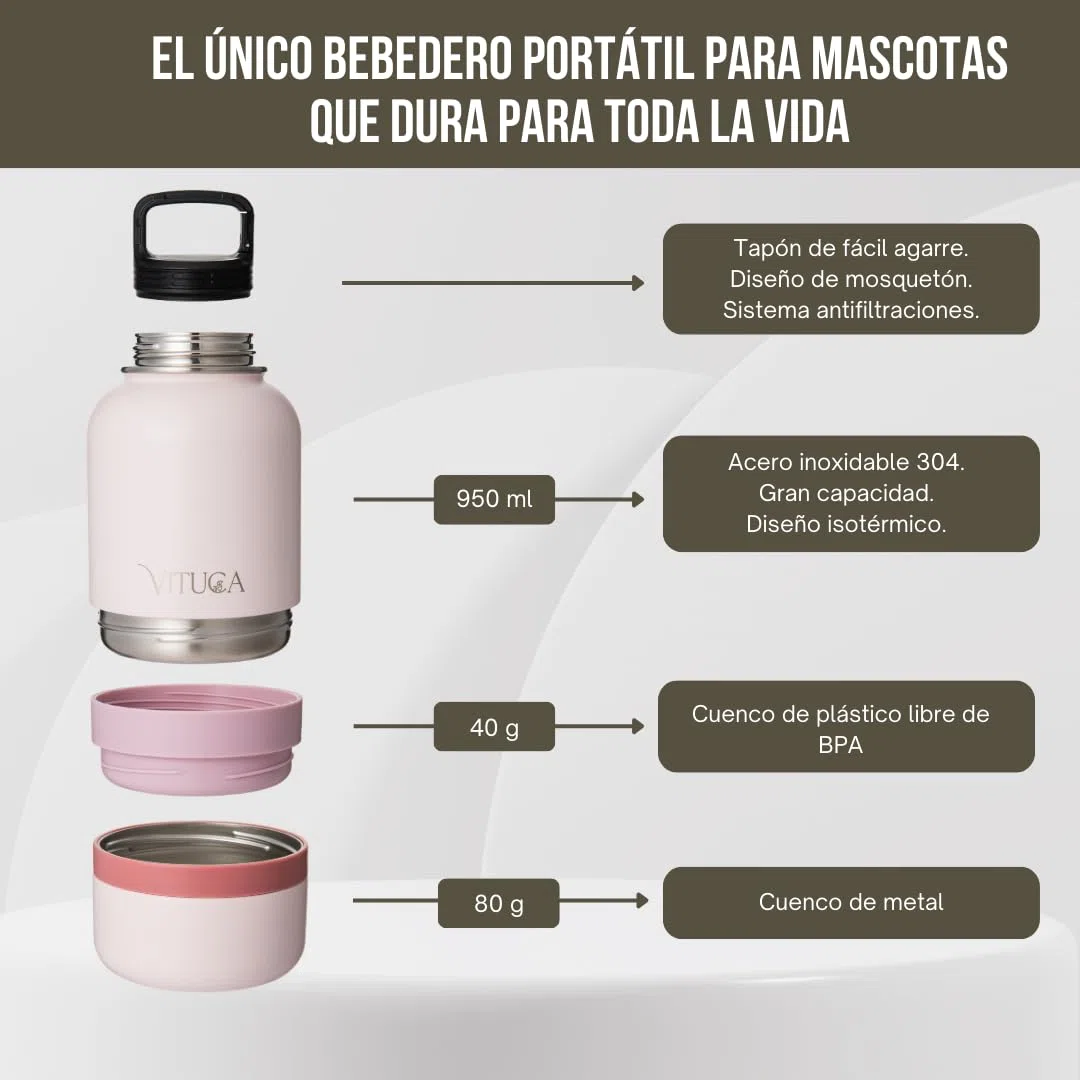 Bebedero Perro Portátil 1L de Acero Inoxidable Aislado | Botella Agua Perro Ultra Resistente con Compartimentos para Comida o Premios | Sistema 2 en 1 para Paseo y Viaje