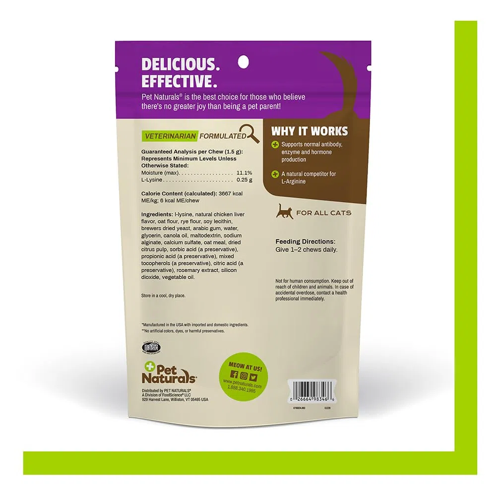 Pet Naturals of Vermont L-Lisina – Chucherías para Gatos, inmune y respiratorio Apoyo Suplemento, 60 Bite tamaño – Chucherías (3.17 oz)