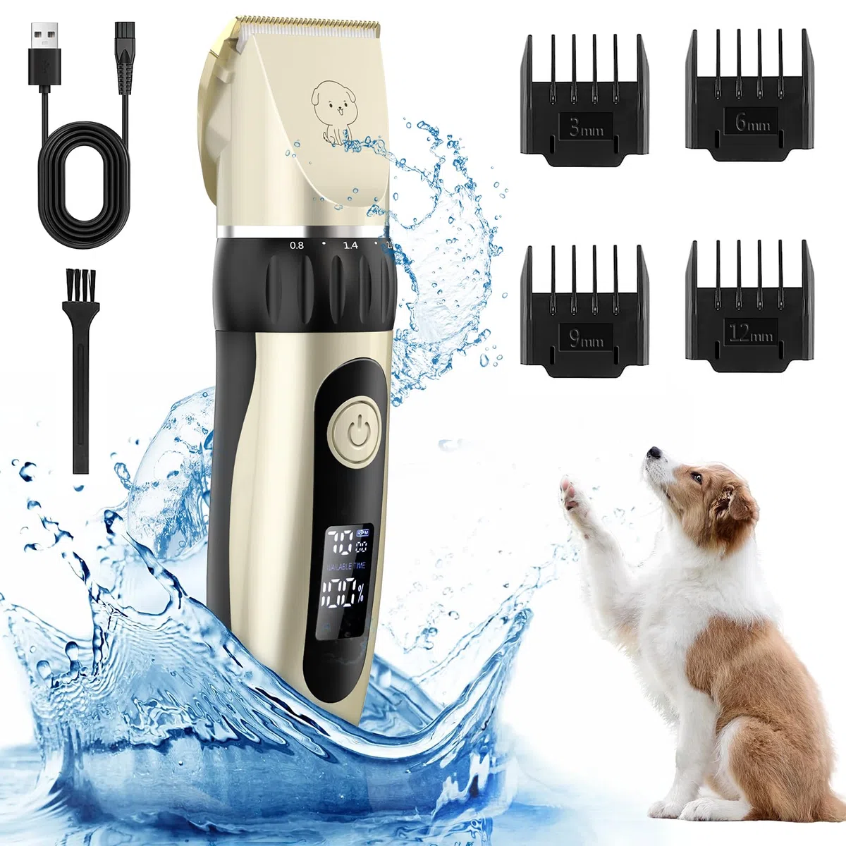 YAZEKY Premium Maquina Cortar Pelo Perros,Bajo Nivel de Ruido Cortapelos Profesional para Perros,Cortapelos para Mascotas Impermeable Todo el Cuerpo Lavable Inalámbrico Recargable (Oro)