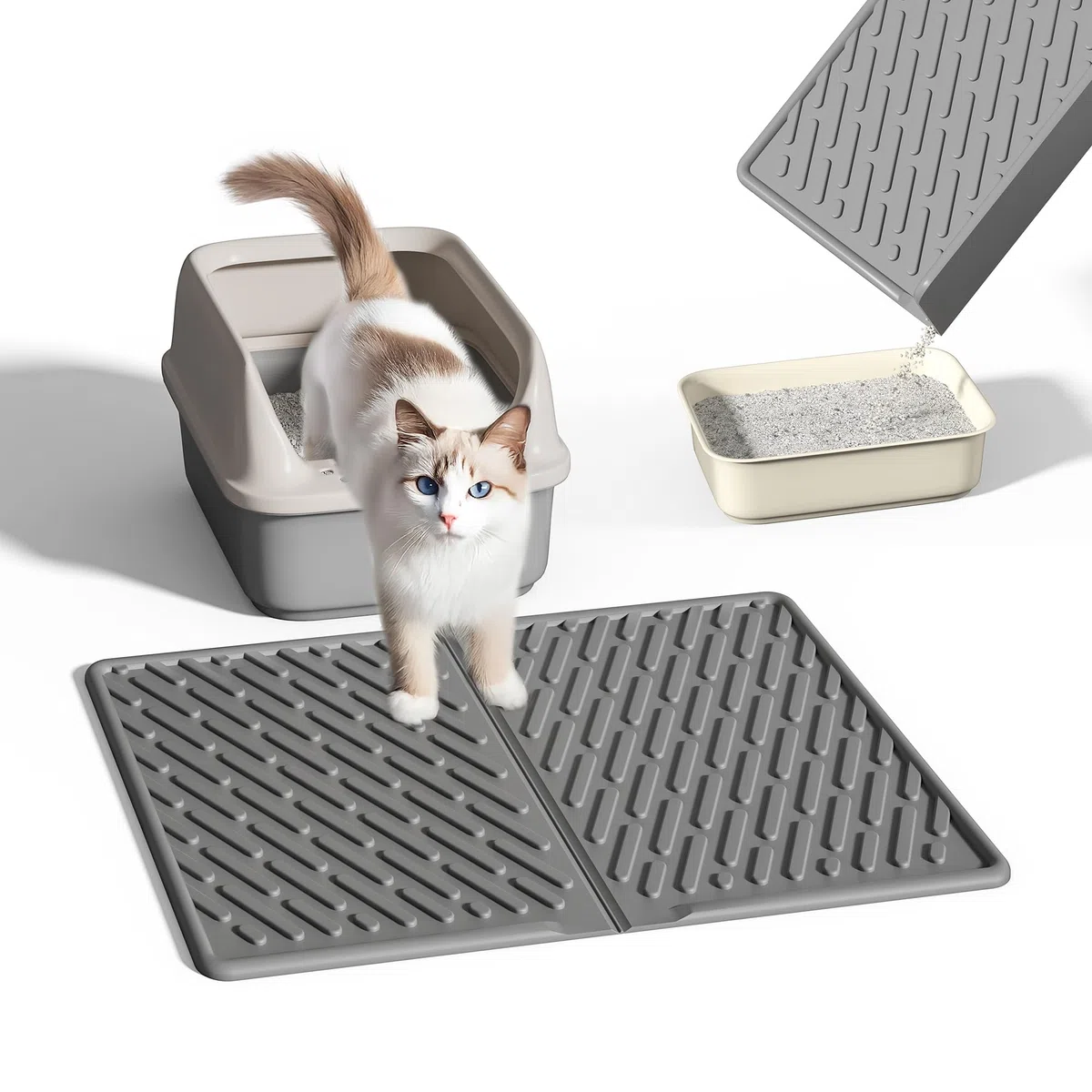 Pieviev Alfombra Gatos Arenero, 61x43cm Alfombrilla Arenero Gato de EVA, Esterilla Lavable para Caja de Arena - Recolección Eficiente, Gris