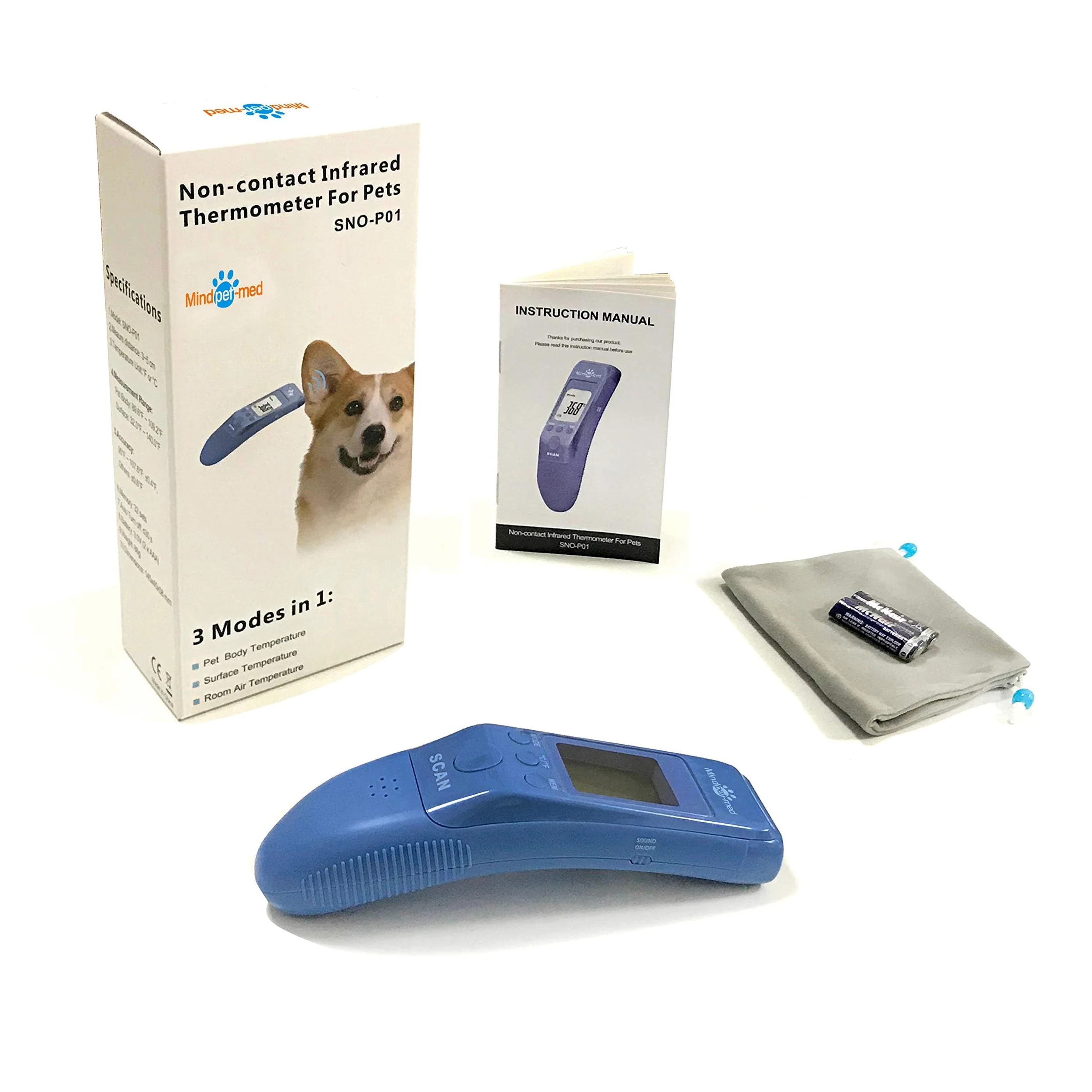 Termómetro para mascotas sin contacto para perros, clínico rápido clásico, 3 modos (cuerpo, superficie del objeto, habitación), modos corporales miden con precisión la temperatura de las
