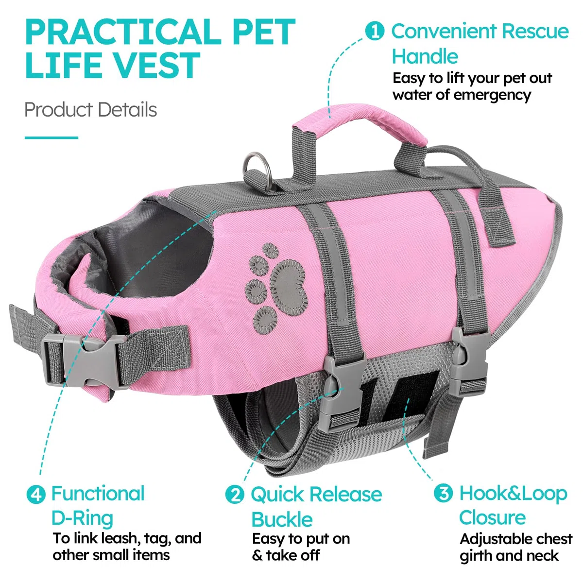 Queenmore Chaleco Salvavidas Perro XS, Ligero, Flotador Perro con Asa De Rescate, para Perros Pequeños, Piscina Piscina Nadar, Kayak, Paddleboarding, Rosa, XS
