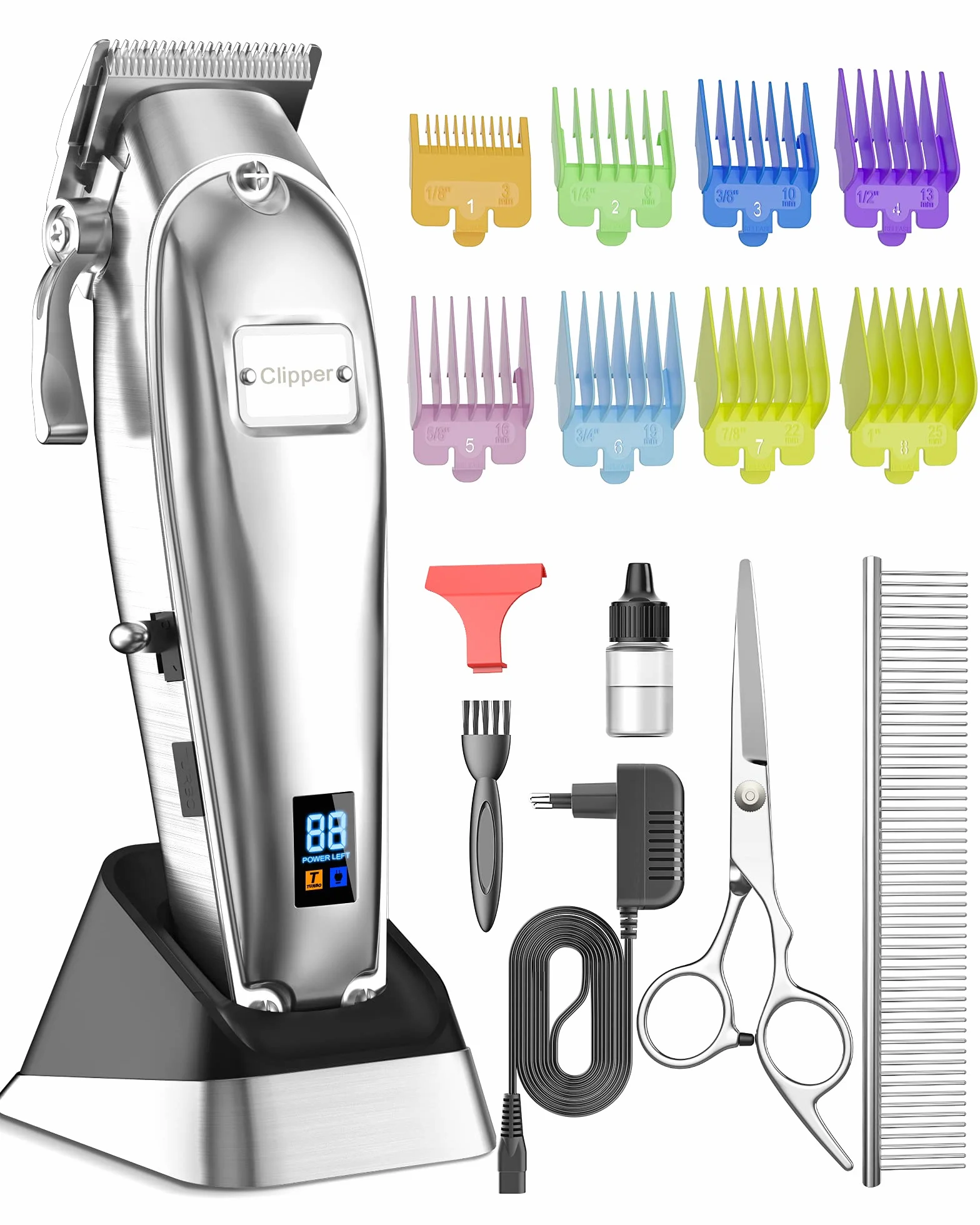 oneisall Esquiladora profesional para perros de pelo grueso con base, máquina eléctrica para perros con 6500 rpm, potente motor para pelo grueso, largo y rizado (plateado)
