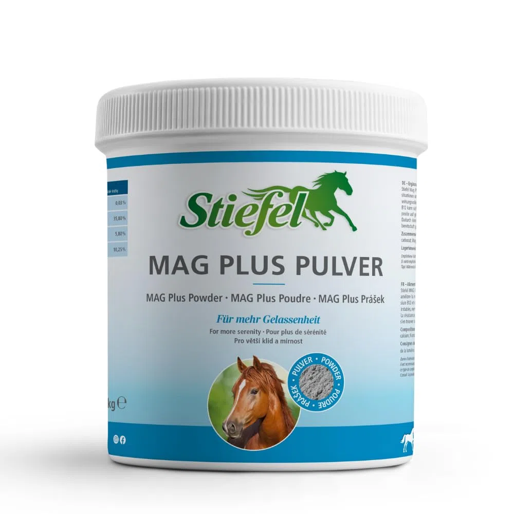 Stiefel MAG Plus para caballos, altas dosis de magnesio, puede tener un efecto positivo en caballos inquietos y apoyar en situaciones de estrés, con vitamina B12, polvo, 1 kg