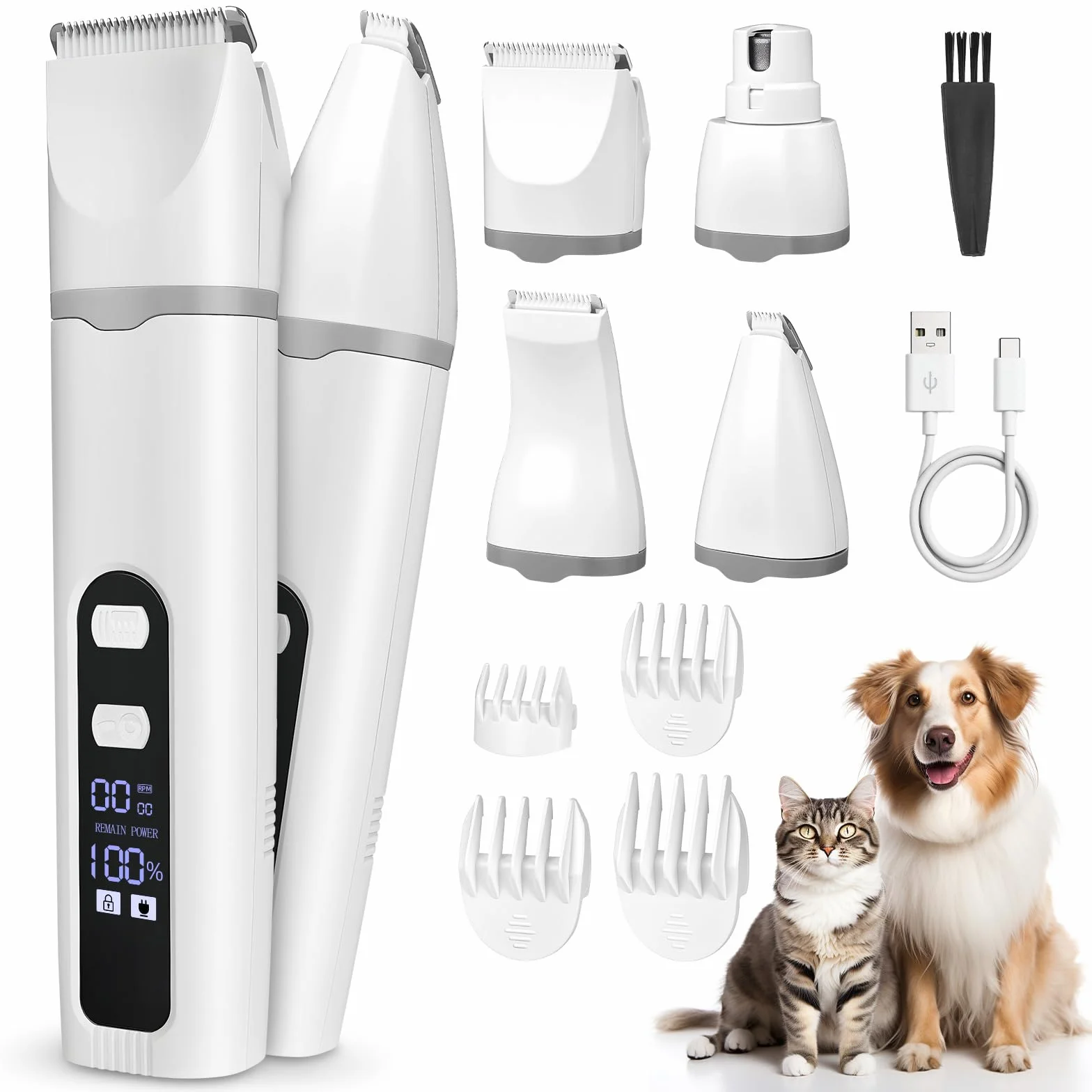 Kit De Aseo Para Perros En Casa,Kit De Aseo Para Mascotas 4 En 1,Herramienta Recargable Ajustable con Cortapelos,Afilador de Uñas,4 Peines,Carga USB-C y Pantalla LED,2 Modos de Velocidad