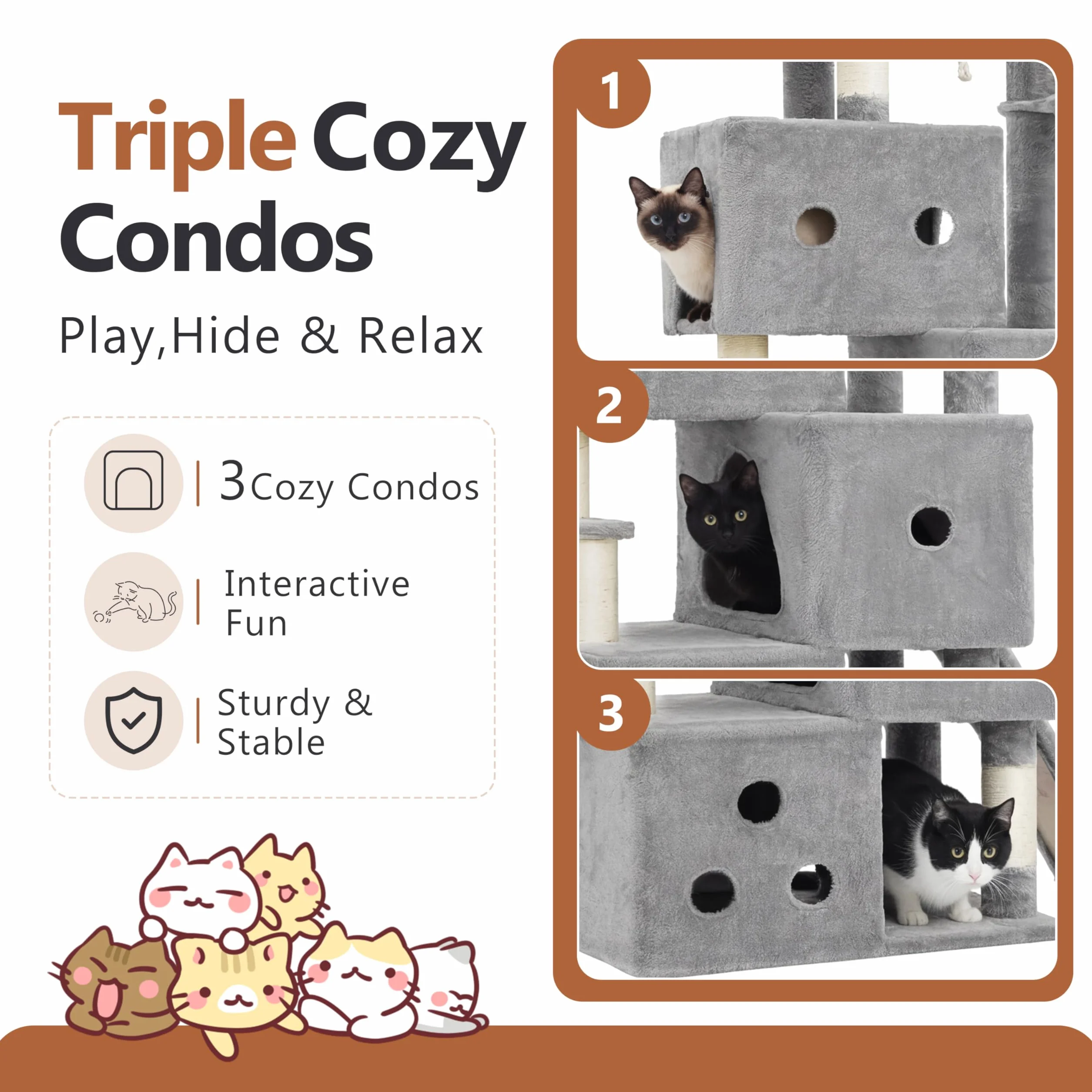 Heybly Rascador para Gatos XXL, 188 cm Árbol Rascador para Gatos Grandes, Torre de Múltiples Pisos, 3 Cuevas Escalonadas, Amplias Perchas Descanso, Postes y Tablas de Sisal, Gris Claro HCT061W