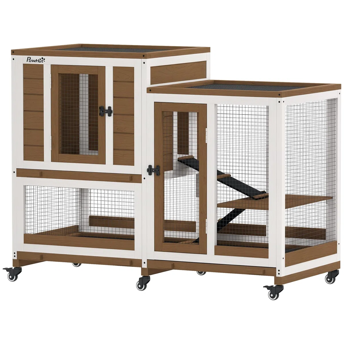 PawHut Conejera de Madera de 2 Niveles Jaula para Conejos con 6 Ruedas 2 Escaleras 3 Bandejas Extraíbles Puertas con Cerraduras y Zona Abierta Conejera para Interior 110x50x86 cm Marrón
