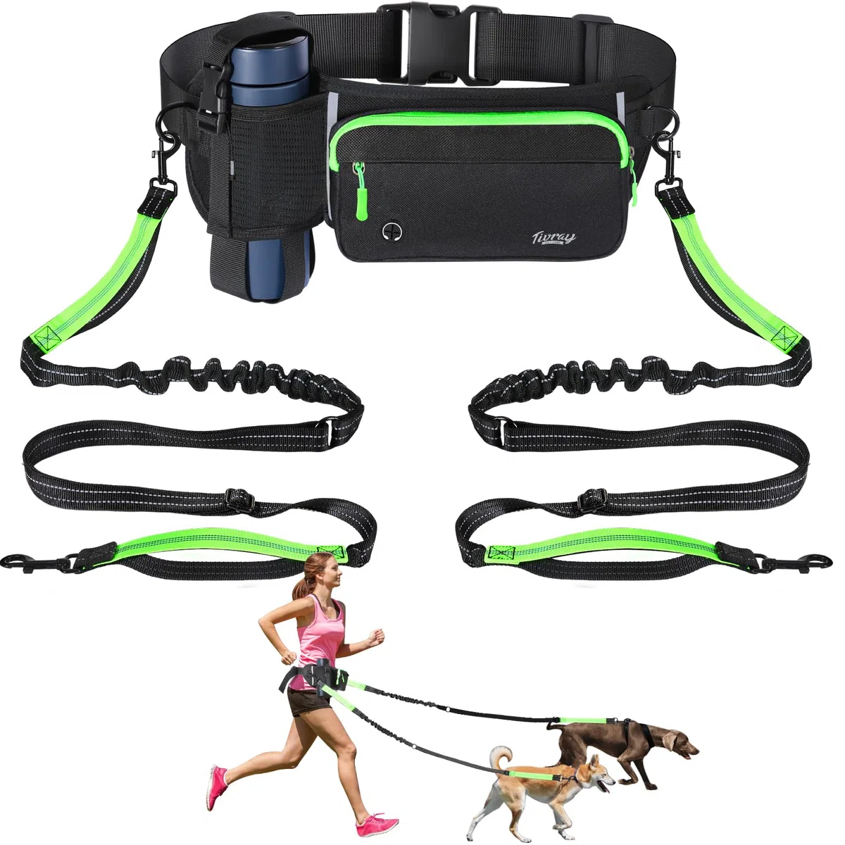 Correa para Perros Manos Libres 2 Perros, Correa de Cintura Ajustable Pasear Perro con Doble Bungees Mango Acolchado, Correa Trotar Amortiguador de Manos Actividades al Aire Libre, Negro+Verde