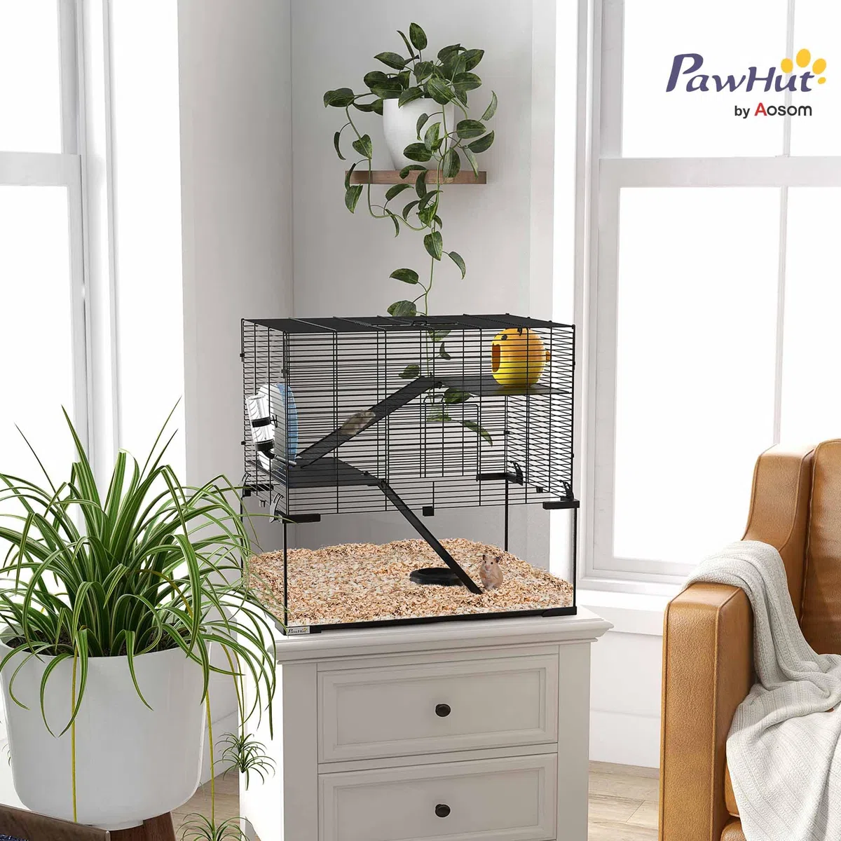 PawHut Jaula para Hámster Casa para Animales Pequeños con Fondo de Vidrio Plataformas Cuenco Bebedero Casita Rampas y Rueda de Ejercicio 60x40x54,5 cm Negro
