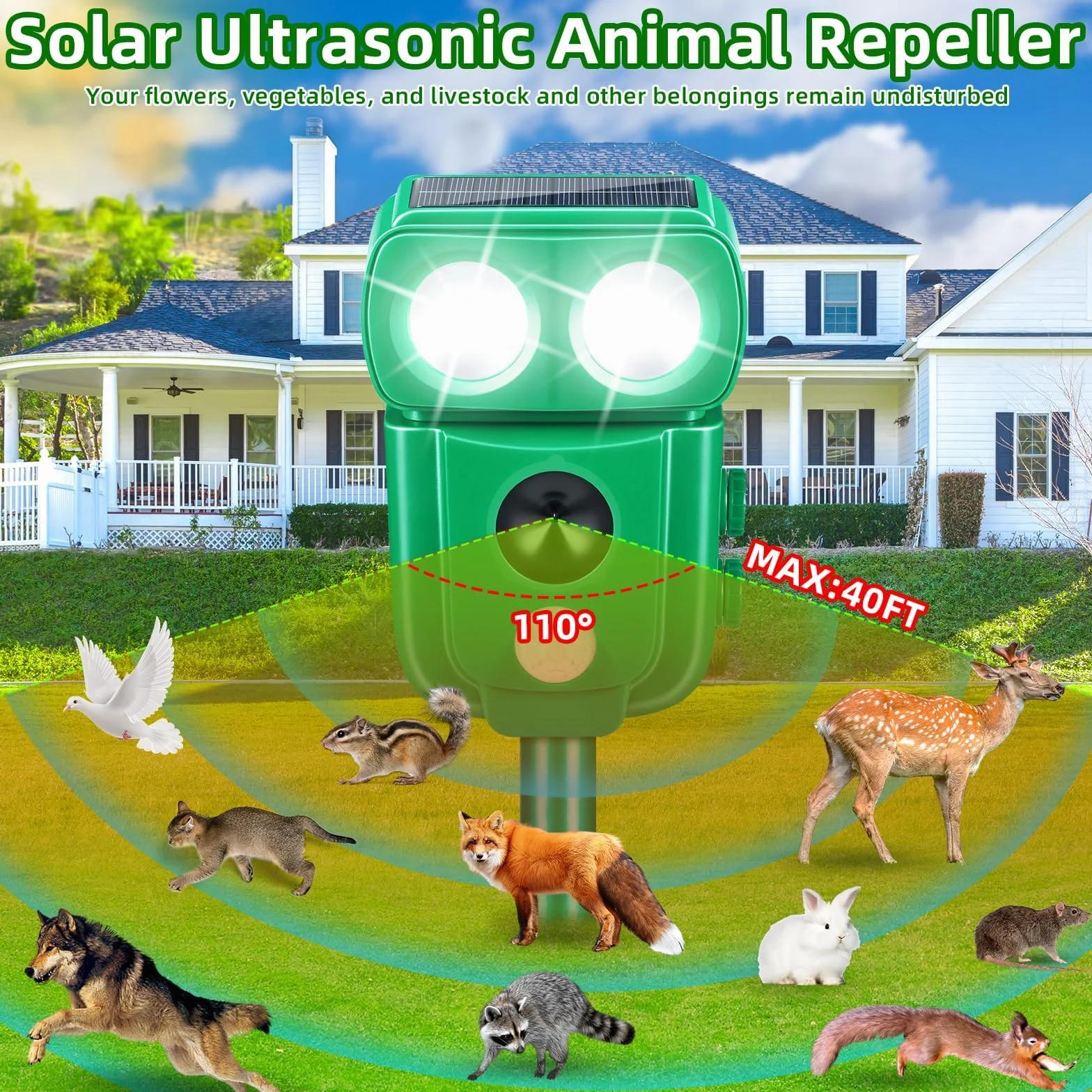 Repelente para gatos, repelente ultrasónico energía solar IP66 impermeable de frecuencia ajustable para ahuyentar animales 5 modos ajustables repelente de animales ultrasound repelente para animales