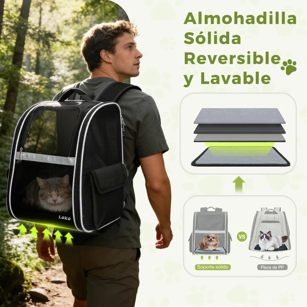 Lekesky Mochila para Gatos Transportín Perro Gato para Mascotas Medianas/Pequeñas (2-8 kg), Mochila Gato con Ventana de Malla para Senderismo, Viajes, Exterior (Negro, M)