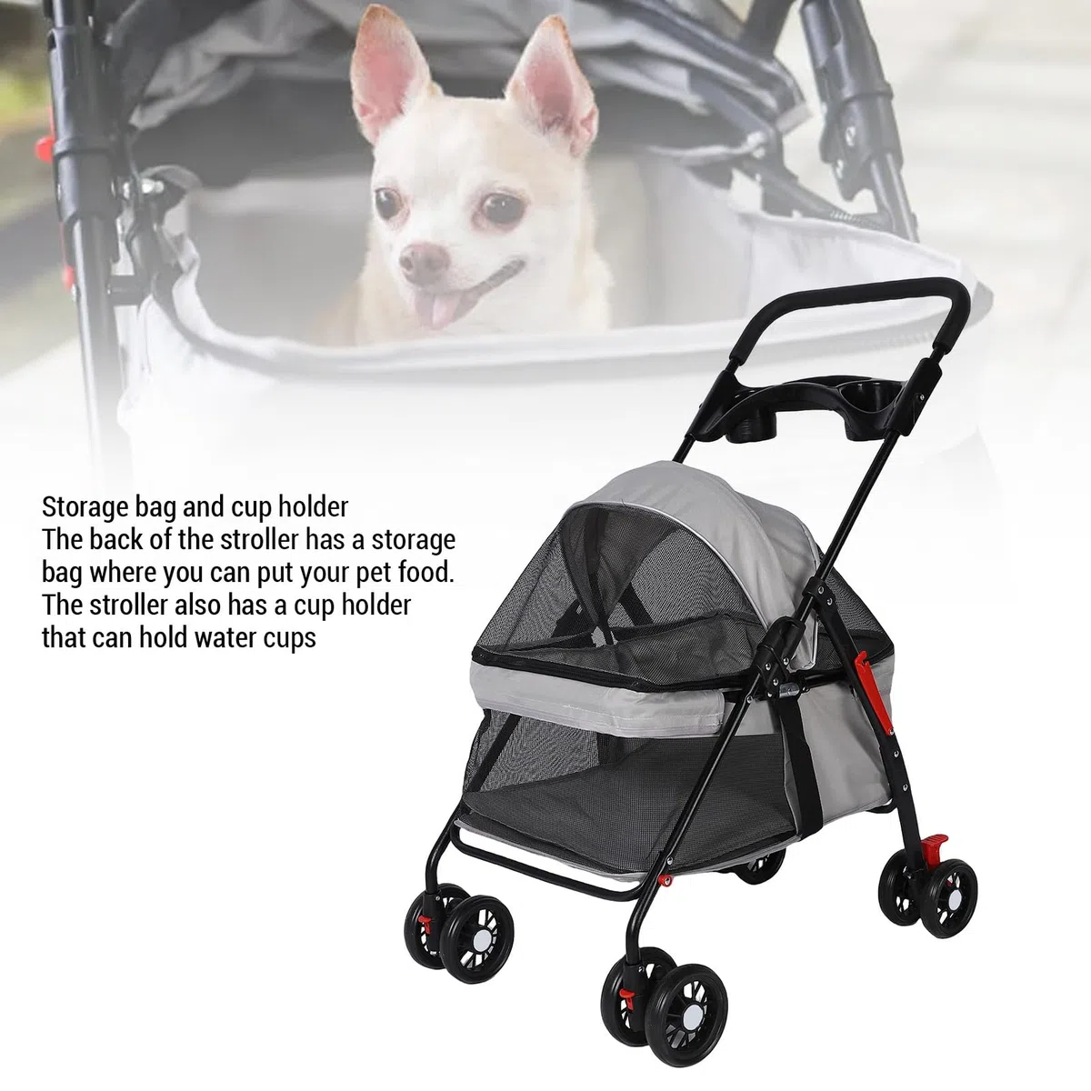 Carrito para Perro Plegable Transpirable con Cesta de Almacenamiento, Portavasos, Ideal Mascotas Medianas y Pequeñas (Mismo Diseño)