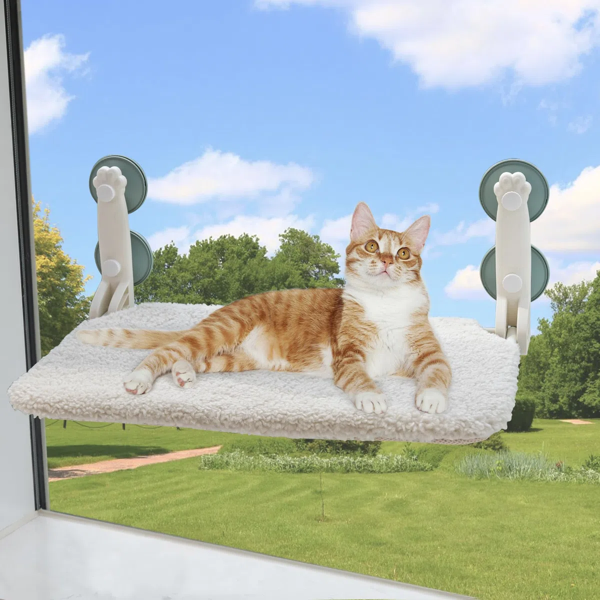 MEWOOFUN Plegable Hamaca Gato Ventana, Cama Gatos con Ventosa Fuerte Alfombra Reversible, Cama para Gatos Soportar hasta 18kg (Beige, M)