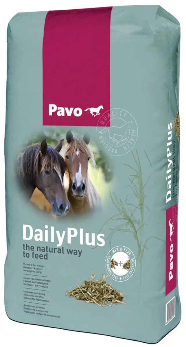 Mezcla para Caballos Pavo Daily Plus Saco 12kg. Mezcla de forrajes Alto en Fibra para prolongar el Tiempo de alimentacion. Estimula la masticacion. con Alfalfa y Hierba timotea