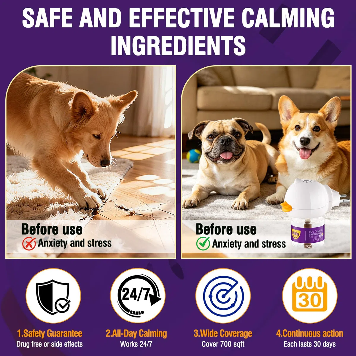 Difusor de Feromonas Relajantes para Perros - Alivio Natural de la Ansiedad y Reducción del Estrés - Favorece la Relajación con Fórmula Segura y Eficaz - Incluye 2 Recambios