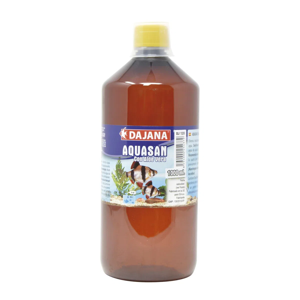 Dajana Acondicionador Aquasan con Aloe Vera, Anticloro Instantáneo Que Elimina Cloro, Cloraminas y Metales Pesados, Efecto Calmante y Protector de Mucosas para Peces, 1L