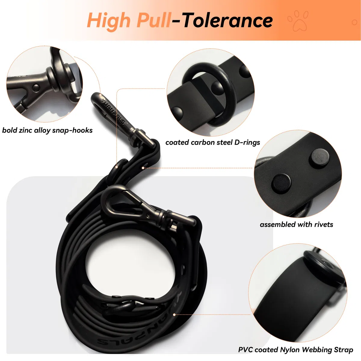 Correa Impermeable para Perro, Correa de Perro Resistente de Doble Extremo, Correa de Nailon recubierta de PVC, fácil de Limpiar, 3 Longitudes o 2 Cachorros (Negro, M)