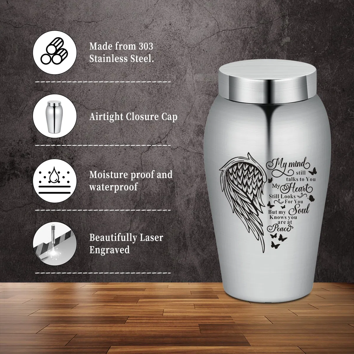 Urna de acero inoxidable con forma de corazón de ala pulida para cenizas de cremación (corazón de ala)