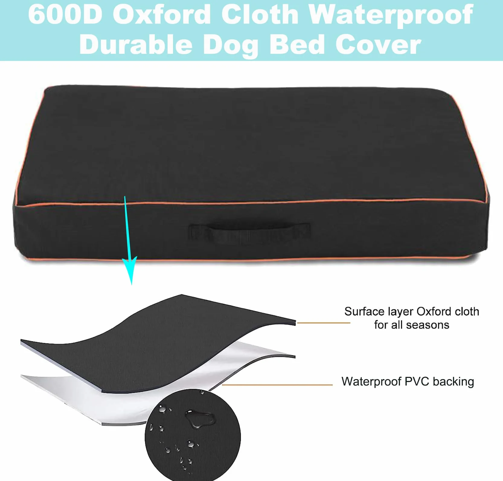 Leberna Funda impermeable para cama de perro, lavable, resistente, duradera, Oxford, universal, funda protectora de repuesto para cama de perro (negro, grande (44 pulgadas de largo x 32 pulgadas de