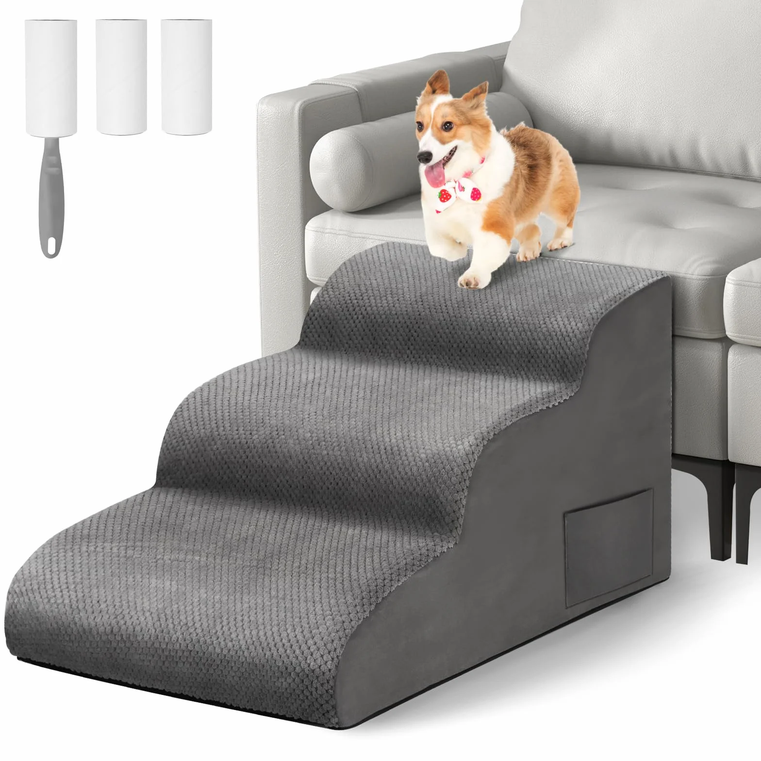 Otauoaea Escalera para Perros, Escaleras para Mascotas de Espuma de 3 peldaños para Cama/sofá, Rampa para Perros Pequeños y Gatos con Funda Lavable y Fondo Antideslizante, Enviar Rodillo de Pelusa