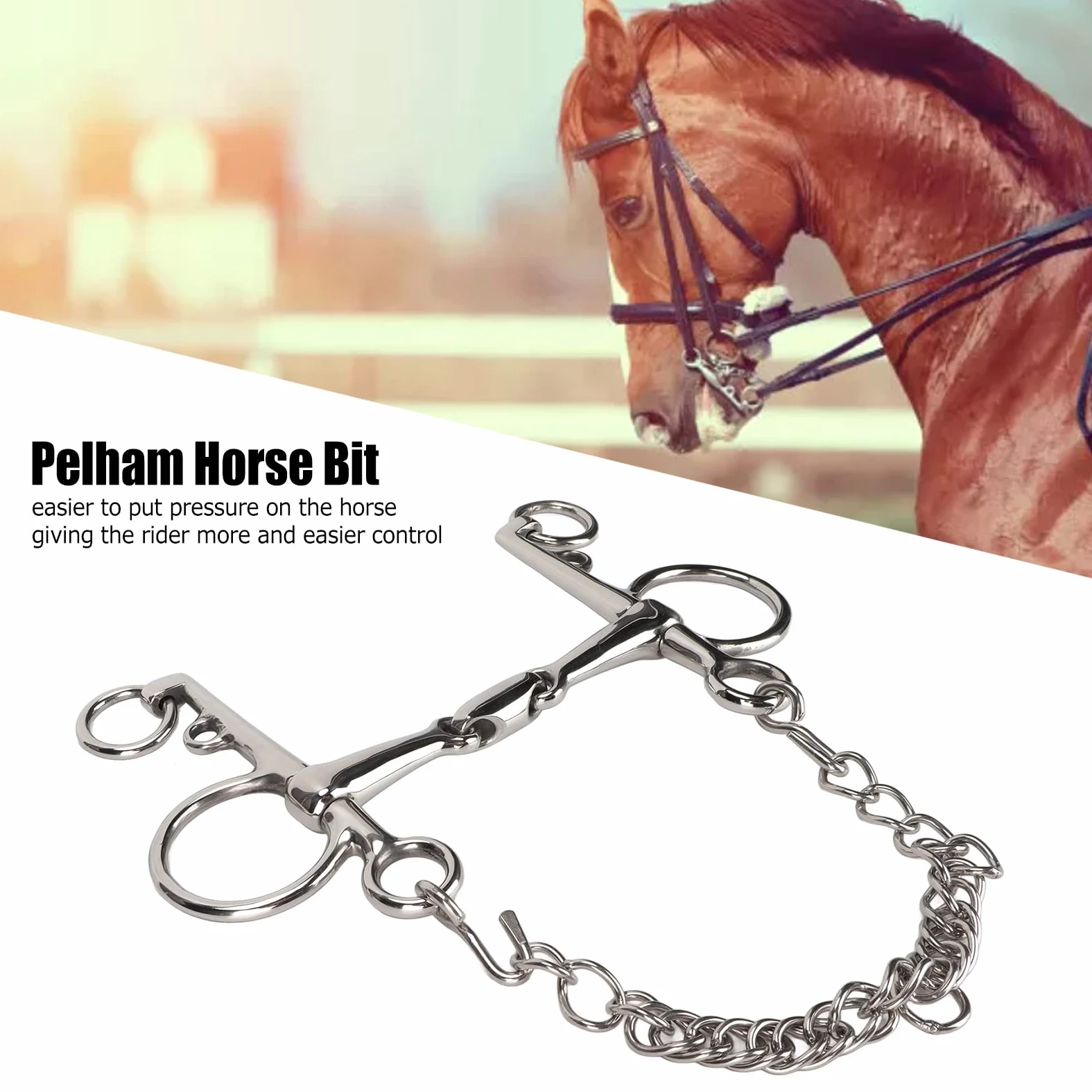 Broca Pelham para Caballos, Resistente a Roer, Facilidad de Control, Broca Pelham de Boca Articulada, Tachuela para Caballos de Acero Inoxidable Duradera con Cadena de Bordillo