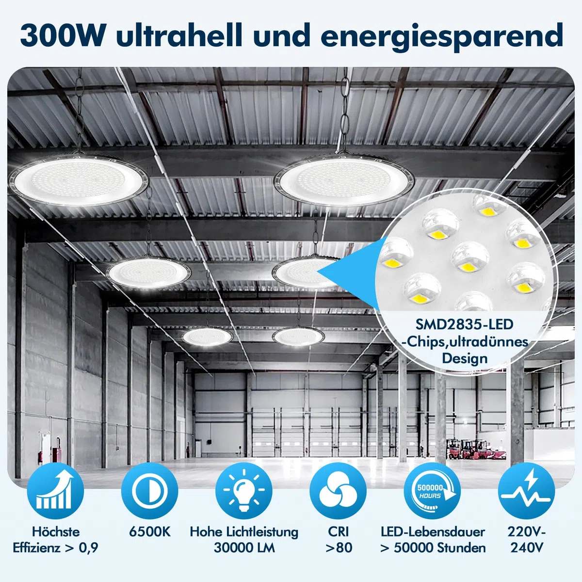 4Pack 300W UFO LED Lámpara de Alta Bahía, 30000LM Focos Interior Techo,6500K Ultrafina Iluminación de Almacén,IP66 Impermeable Naves Industriales Para Patio,Garaje,Fábrica,Taller
