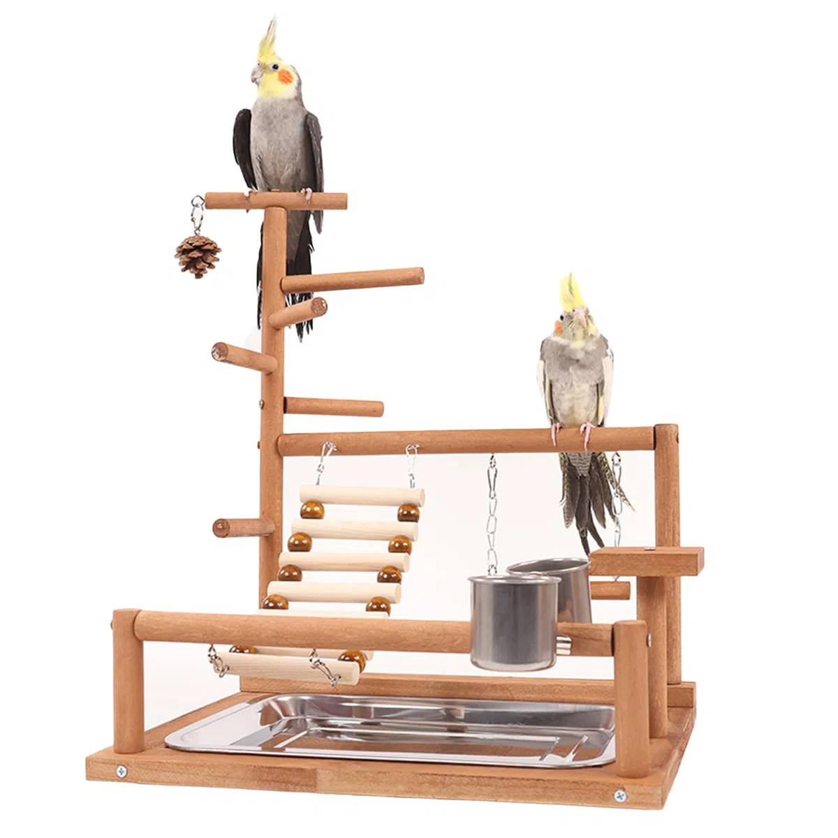 Aves Juego Stand - Bird Playground Puesto de Madera para Loros Aves Stand con Percha Escalera Columpio Comedero Bandeja y Juguetes de Gimnasio de Ejercicios para Pájaros Pequeños y Medianos