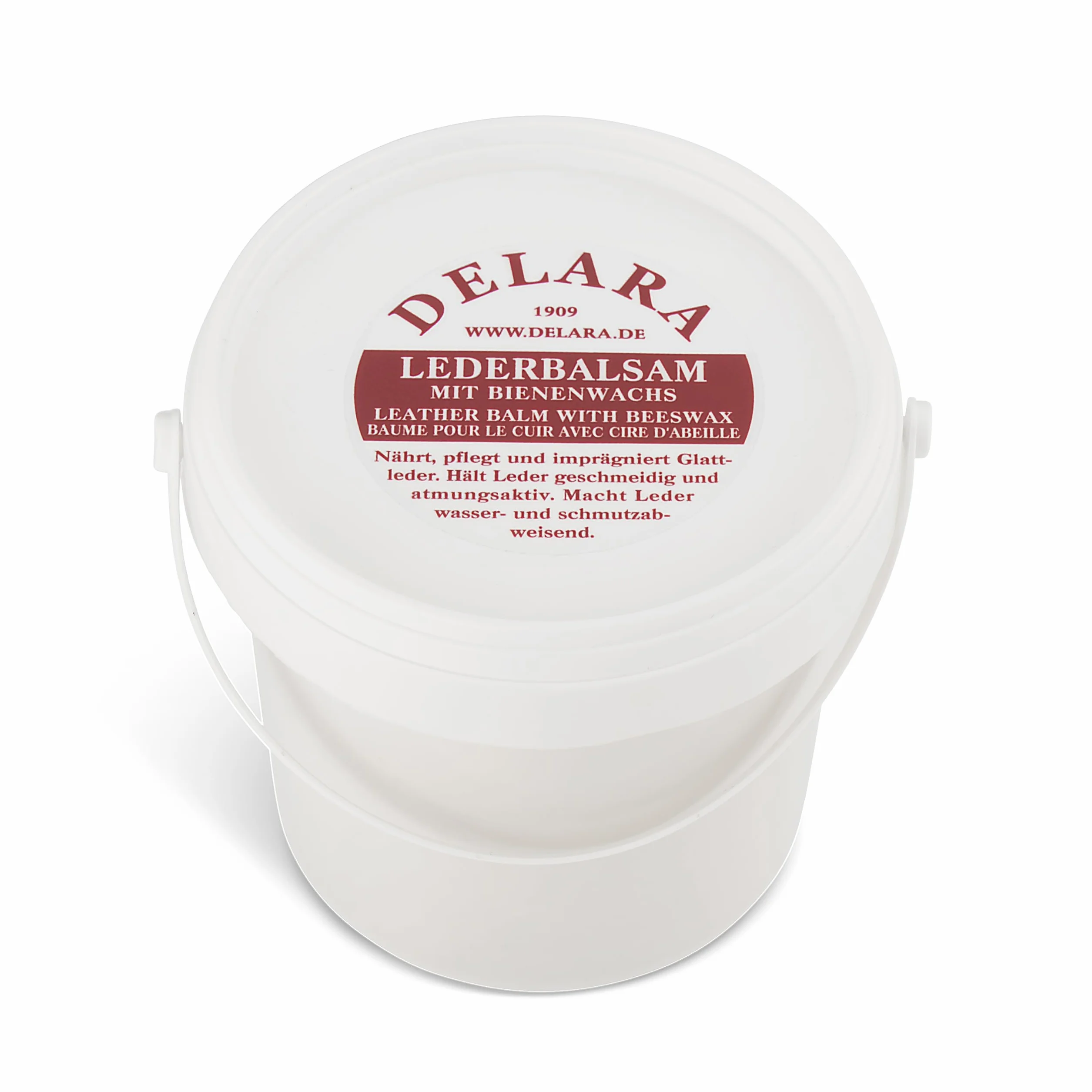 DELARA Bálsamo de cuero transparente, con cera de abeja de alta calidad, hace que el cuero sea flexible y resistente al agua, 500 ml en cubo, fabricado en Alemania
