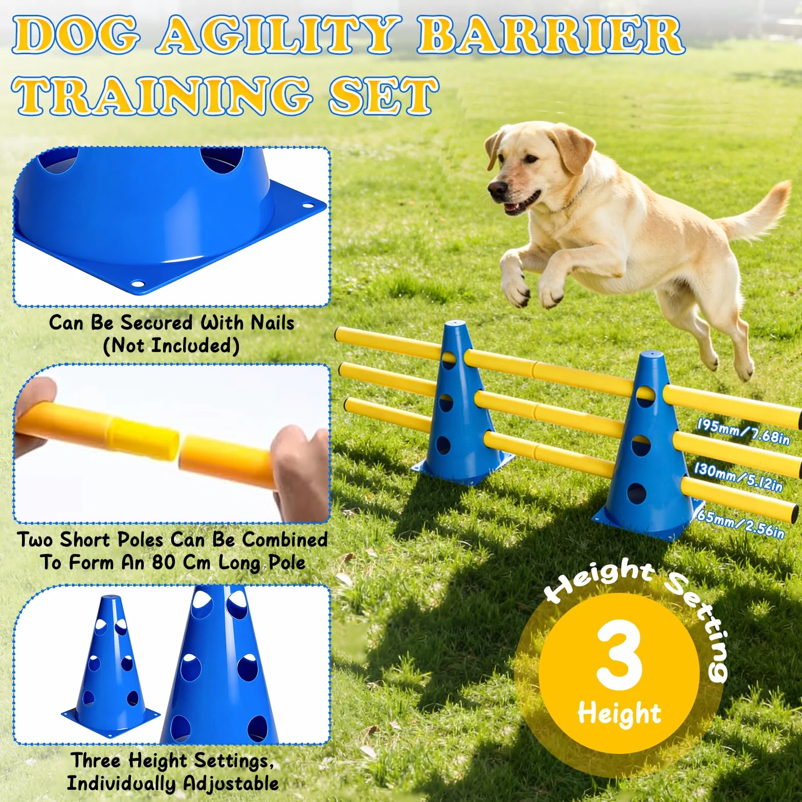 Juego de Agilidad práctico Juego de obstáculos para Perros Grandes Cavaletti, Juego de obstáculos, Ajustables, Conos para fútbol, Deportes de Perros, Deportes de equitación (8 Conos de 23
