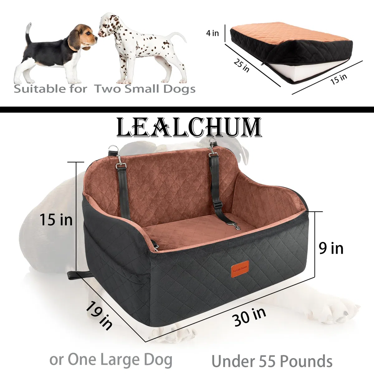 Lealchum Asiento de coche para perro de tamaño grande, tela suave, relleno de espuma viscoelástica, asiento de coche para perros con 2 correas de perro con clip, extraíble y lavable, cómodo asiento de