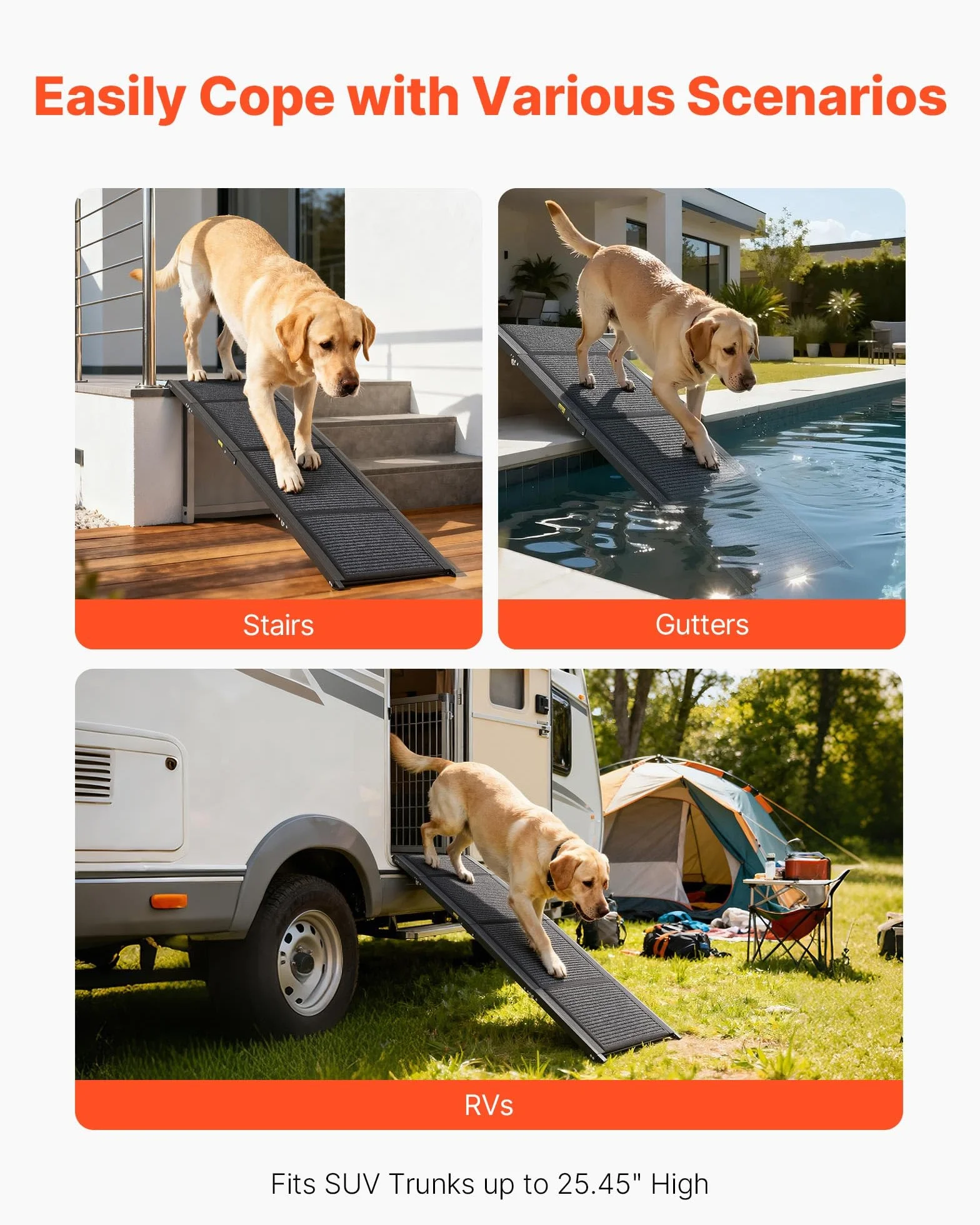 VEVOR Rampa Plegable para Perros para Coches, 180 x 43,2 cm, para Perros Medianos y Grandes de hasta 113 kg, con Superficie de Fieltro Antideslizante, Portátil para Exteriores, SUV y Camiones