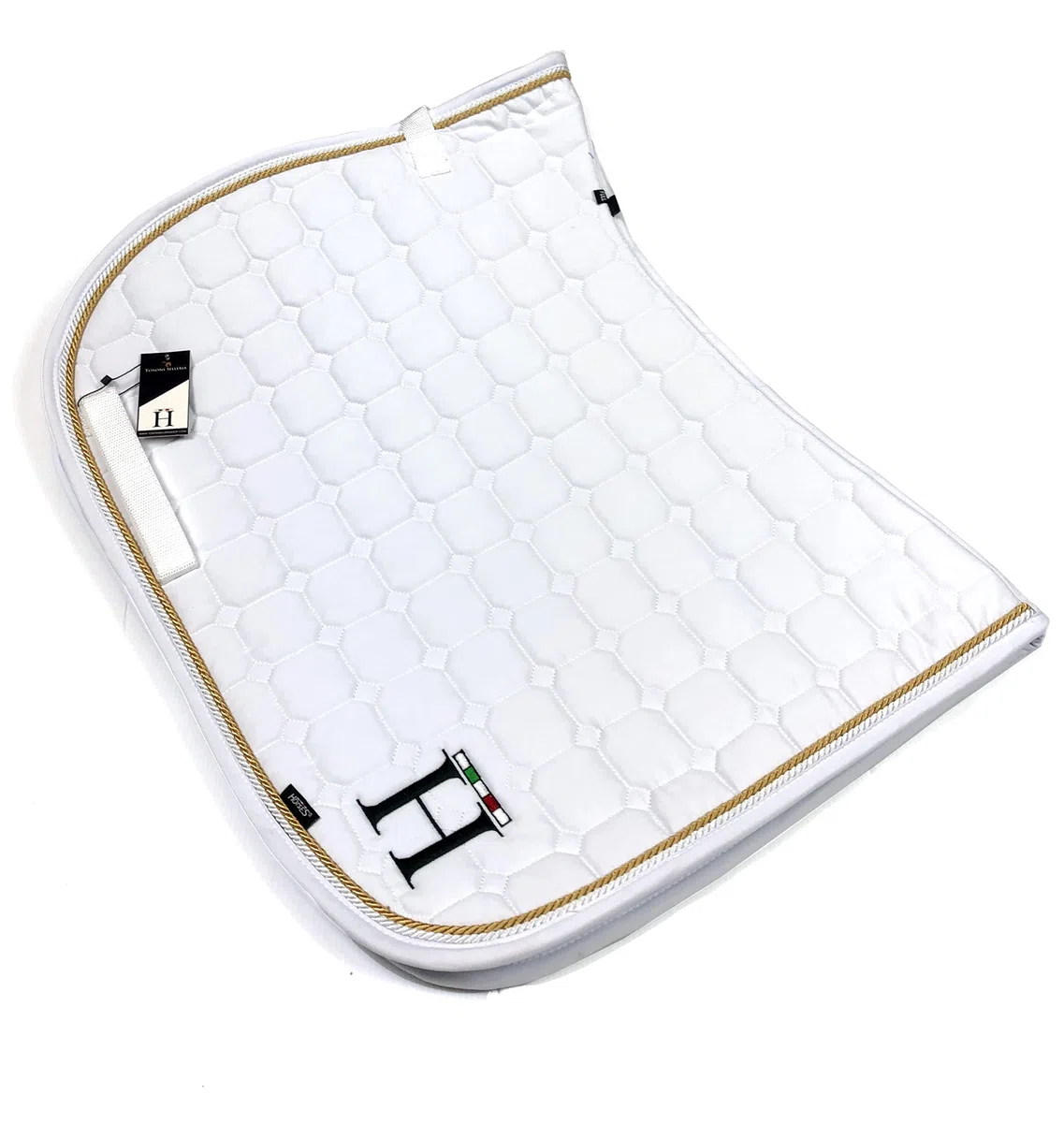 Horses, Mantilla para Caballos Ideal para Salto Ecuestre 100% Algodón, Cierre de Velcro, Ribete Trenzado, Antichoque (blanco/oro frío)