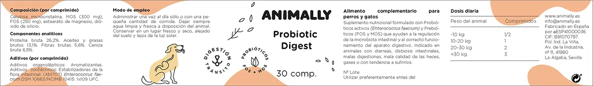 Probiotic Digest 30 Comprimidos | Salud digestiva, probiótico para Perros y Gatos | Repara la Flora Intestinal, Protege el Sistema Inmunológico | Combate Diarrea, Gases y Vómitos |