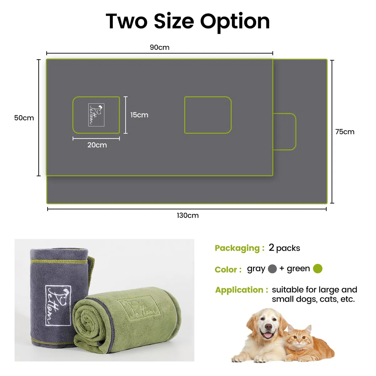 PETTOM 2 Pcs Toalla para Perros de Secado Rápido, Toalla Perro Microfibra Absorbente Artero, Toallas de Baño con Bolsillos para Perros Pequeños, Medianos y Grandes, 90x50cm