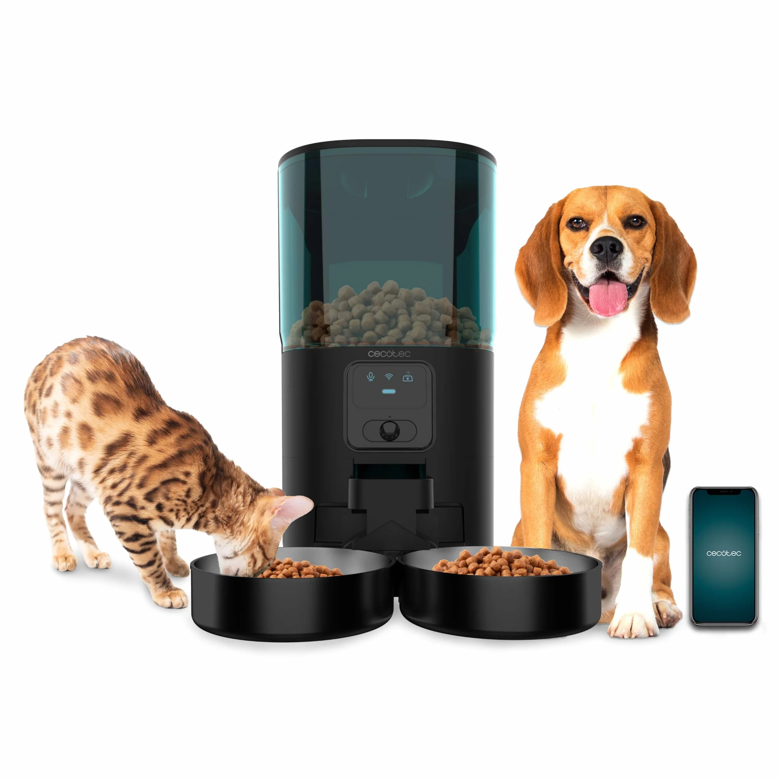 Cecotec Comedero Dispensador Automático para Mascotas con Control WiFi, Cámara y Grabadora de Voz Pumba 8600 Double Meal Vision. 7L, Programable, Control de Porciones, Doble Bowl de Acero INOX, App
