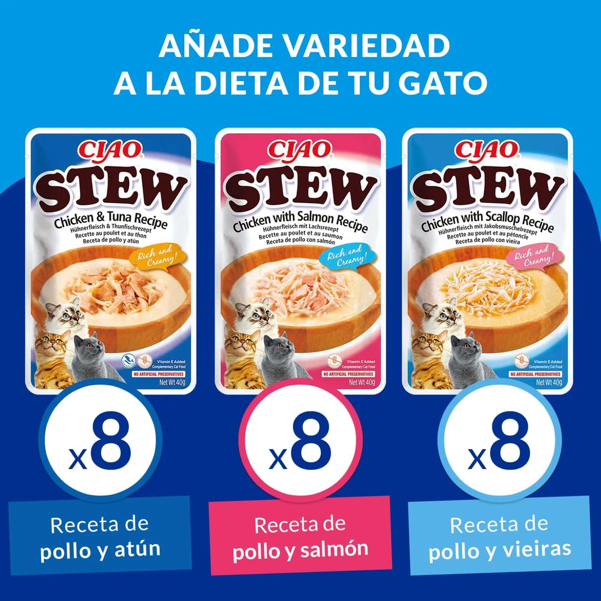 INABA Ciao Stew Gatos - Receta Saludable de Estofado Cremoso con Pollo, Atún y Salmón - Comida Húmeda con Tiras de Pollo - Alimento Natural sin Cereales - 960g (24 Sobres x 40g)
