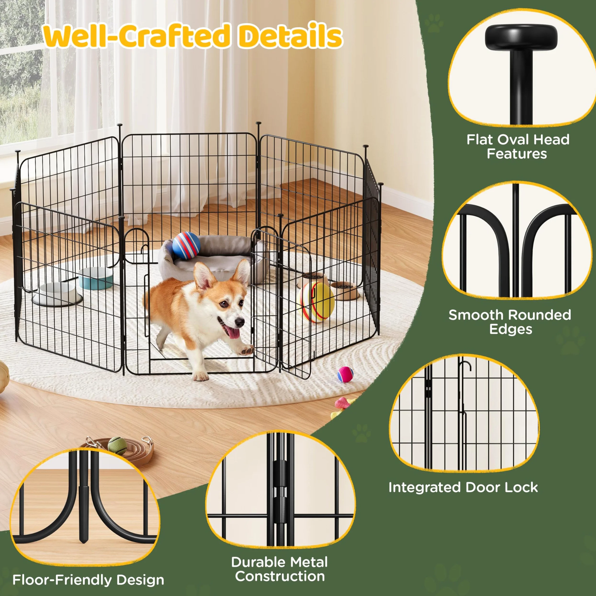 Yaheetech 16 Paneles Parque para Perros 60 x 60 cm con 2 Puertas Recinto Interior Reja Plegable para Cachorros y Conejos Perreras de Metal para Exterior con Estacas, Punta Ovalada y Plana