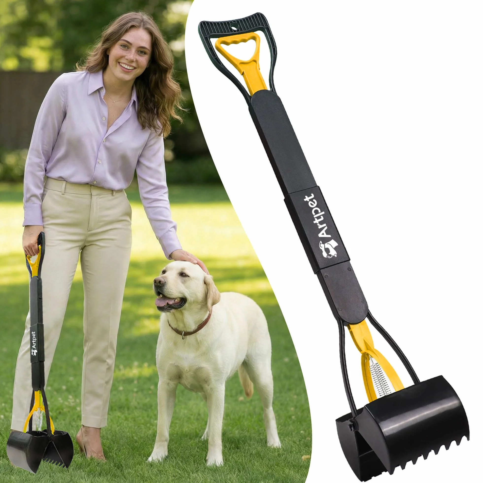Recoge Cacas de Perros Mango Largo 80cm, Ligero y Plegable Recogedor de Excrementos Perro, Ideal para Paseos y Jardín, Amarillo