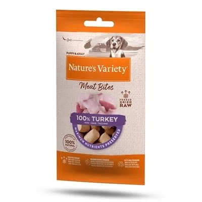 Nature's Variety Freezed Dried Meat Bites Bocados de Pavo Liofilizados para Perros, Caja de 20 x 20g - Total 400g