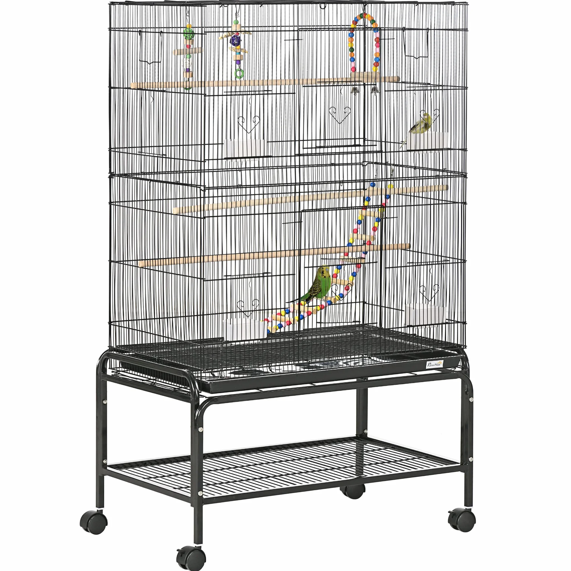 PawHut Jaula para Pájaros con Ruedas Jaula Grande con Soporte Pajarera con Bandeja Extraíble Puertas Comederos Perchas Juguetes y Estante Inferior para Canarios Periquitos 79x49x133 cm Negro